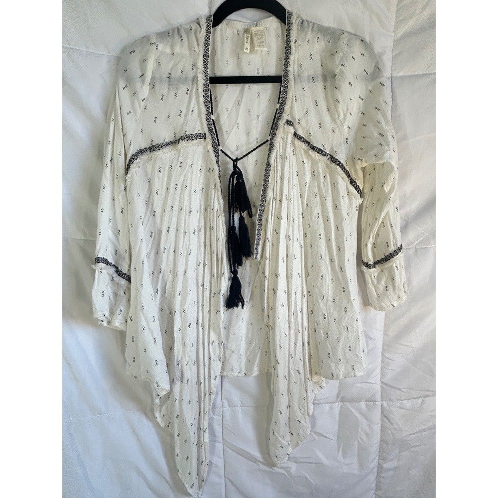 Japna White Black Pattern Tassel Tie Kimono Cardigan‎ Top M